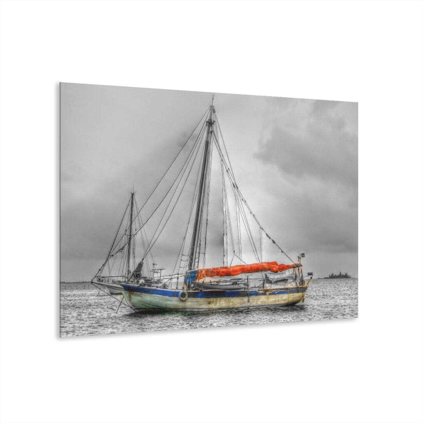 Ghost Ship - Acrylic Print — Black & White Nautical Wall Art with Orange Accent (French Cleat Hanging)