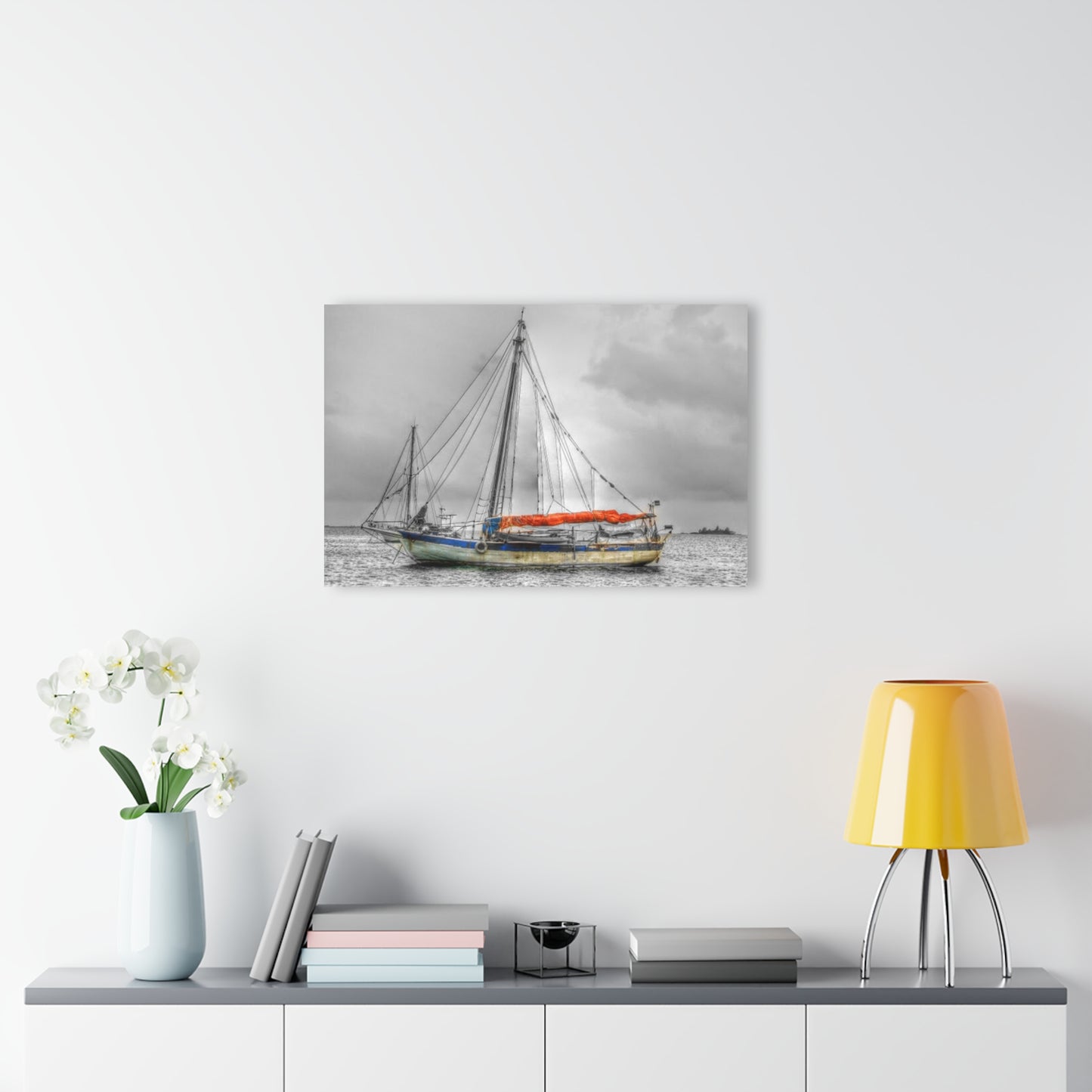 Ghost Ship - Acrylic Print — Black & White Nautical Wall Art with Orange Accent (French Cleat Hanging)