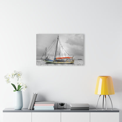 Ghost Ship - Acrylic Print — Black & White Nautical Wall Art with Orange Accent (French Cleat Hanging)