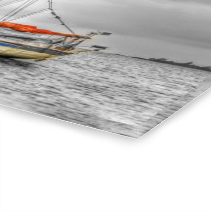 Ghost Ship - Acrylic Print — Black & White Nautical Wall Art with Orange Accent (French Cleat Hanging)