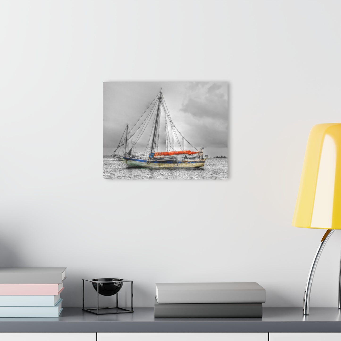 Ghost Ship - Acrylic Print — Black & White Nautical Wall Art with Orange Accent (French Cleat Hanging)